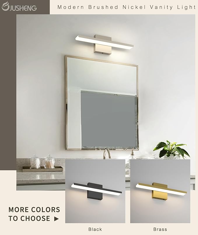 JUSHENG Brushed Nickel Modern LED Vanity Lights for Bathroom Light Fixtures, 16 Inch 16W 5CCT Dimmable Vanity Light Bar Bathroom Lighting, ETL Certificated