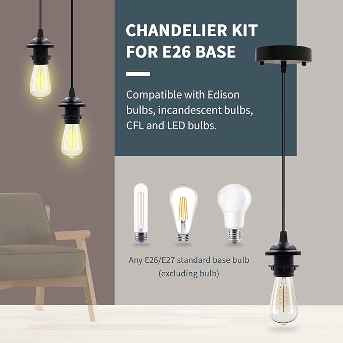 Industrial Mini Pendant Light Kit, Edison Retro Pendant, UL E26 Lamp Socket Vintage Pendant Light Cord, Mini Ceiling Hanging Light Fixtures, Adjustable Hanging Light Kit for Kitchen(Black)