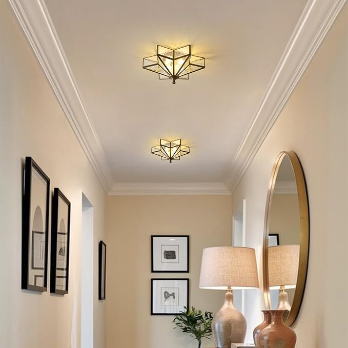 Star Vintage Bronze Ceiling Light - 12.2 in Small Hammered Glass Antique Flush Mount Fixture - Mid Century Black Art Deco Lighting for Kitchen Hallway Bedroom Bathroom Laundry Entryway Farmhouse Hall