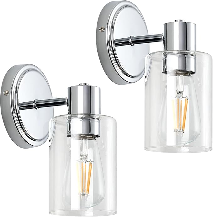 2 Light Bathroom Wall Sconce Light Fixtures with Clear Glass Bathroom Wall Lights Over Mirror Vanity Lights Chrome with E26 Base