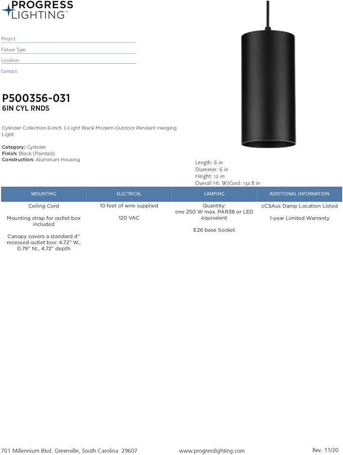 Progress Lighting P500356-031 6IN CYL RNDS Cylinder, Black, 12.00x6.00x6.00