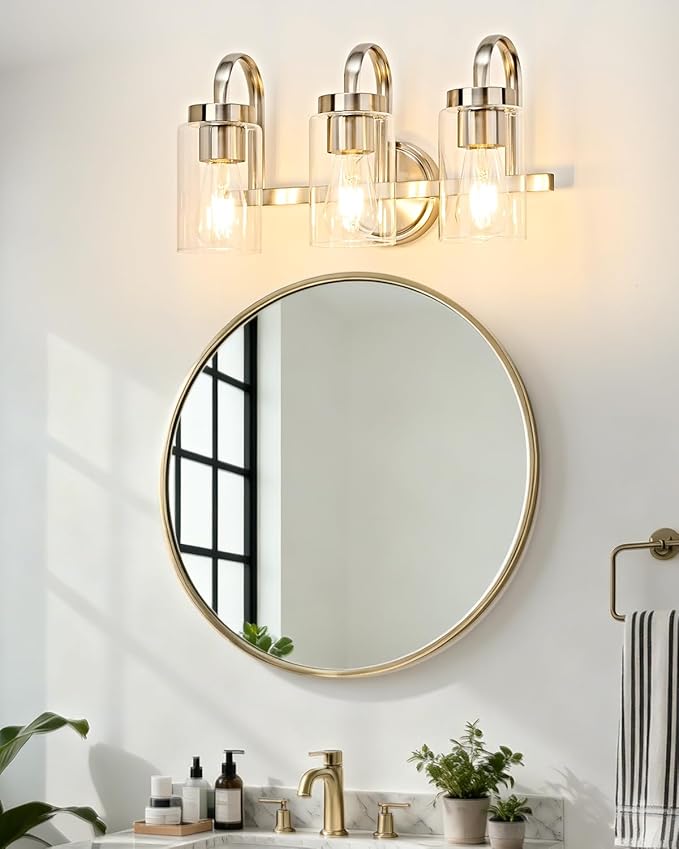 3 Light Bathroom Vanity Light, Brushed Nickel Vanity Lights for Bathroom, Modern Light Fixtures Over Mirror with Clear Glass Shade, Wall Sconce Lighting for Bedroom Living Room Hallway
