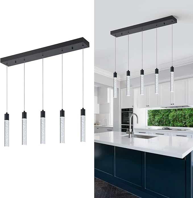 5 Black Pendant Lights Kitchen Island Modern with Adjustable Height - Clear Cylinder Island Lights, 3000-6000K Dimmable Kitchen Pendant Lighting for, Dining Room, Bar Counter