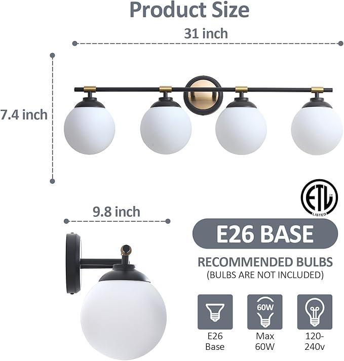 Rayogale Black Gold Bathroom Light Fixtures, ETL Certified, Modern, 4 Light Bathroom Wall Sconce, Vanity Light with Milk White Glass Shades (Bulbs Not Included) 32 Inch