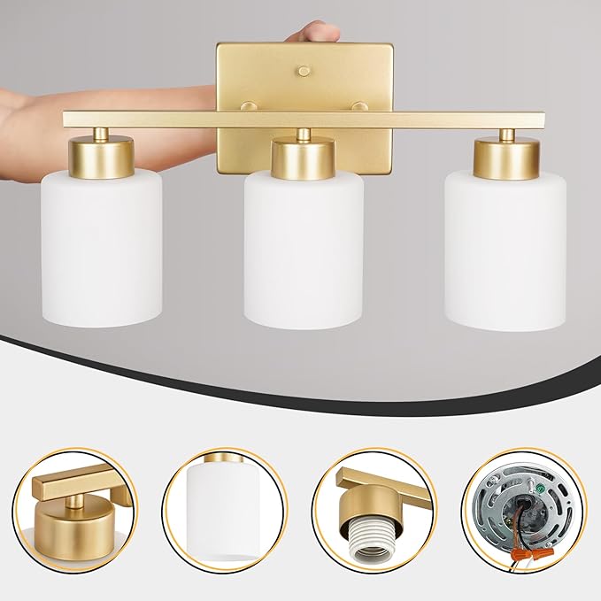 FonmYim Gold Bathroom Light Fixtures, 3-Light Modern Vanity Light Over Mirror, Wall Sconces with Milky White Frosted Glass Shades, E26 Socket (Bulbs Not Included)