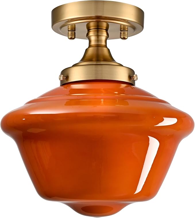 SAMTEEN Gold Semi Flush Mount Ceiling Light 10-Inch Schoolhouse Light Fixtures Orange Milk Glass Ceiling Light Modern Hallway Light Fixtures Brass Vintage Light for Bedroom Entryway
