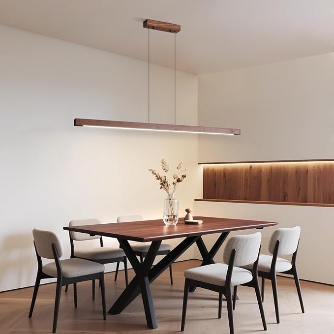 Modern Wooden Pendant Light, 47IN Walnut Wooden Chandelier with Remote Control 3000k-6500K Adjustable Color Temperature,Aluminum Island Lighting Lamp for Dining Room, Living Room