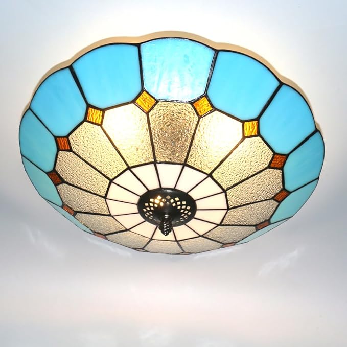 Tiffany Style Ceiling Light 16 Inch 3-Lights Stained Glass Flush Mount Ceiling Light for Bedroom Dining Room Living Room
