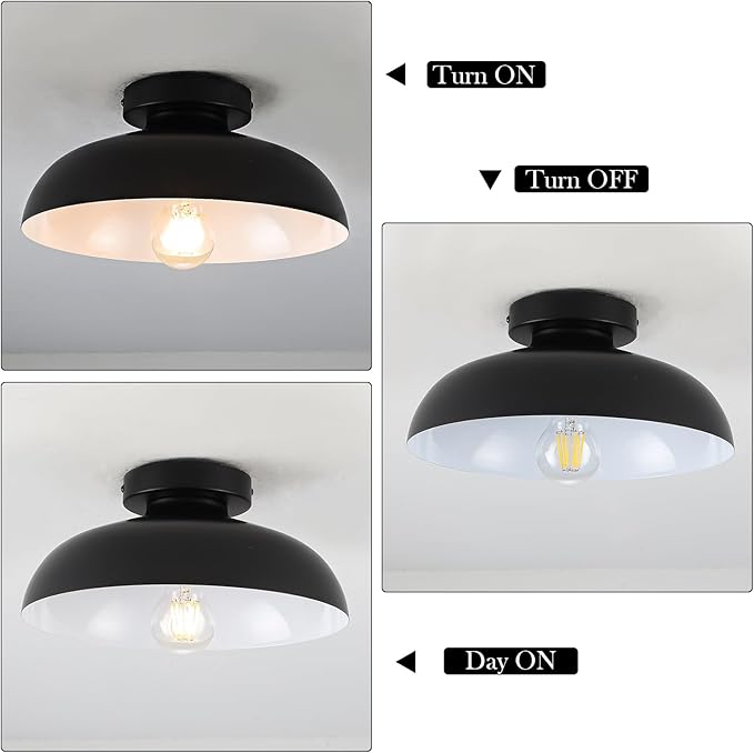 Black Semi Flush Mount Ceiling Lights, Industrial Ceiling Light 12 Inch Close to Ceiling Light Fixtures for Bedroom Entryway Kitchen Hallway Porch Foyer Bathroom Laundry Barn