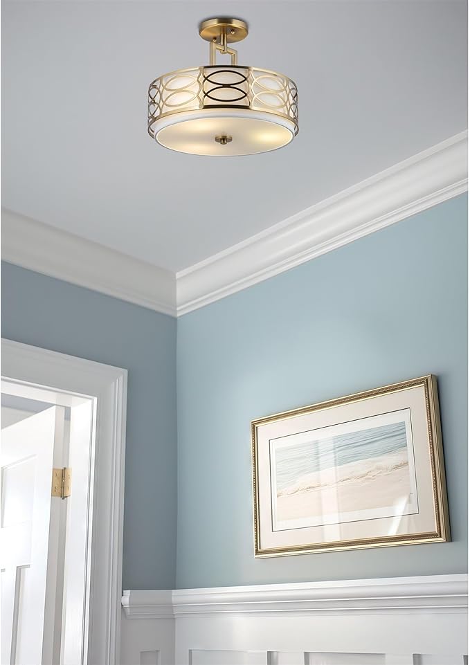 Kira Home Sienna 15" Modern Lattice Drum Gold Semi-Flush Mount, 3-Light Gold Ceiling Light with White Linen Shade & Glass Diffuser, Cool Brass Finish