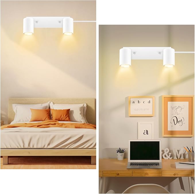 AUQUEE 2 Light Track Lighting Kit,White 2 Way Flexible Plug in Ceiling Spotlight,Industrial LED Wall Light for Kitchen Cabinet Gallery Bar Hallway Living Room,Rocker Switch,15 ft Cord(No Bulb)