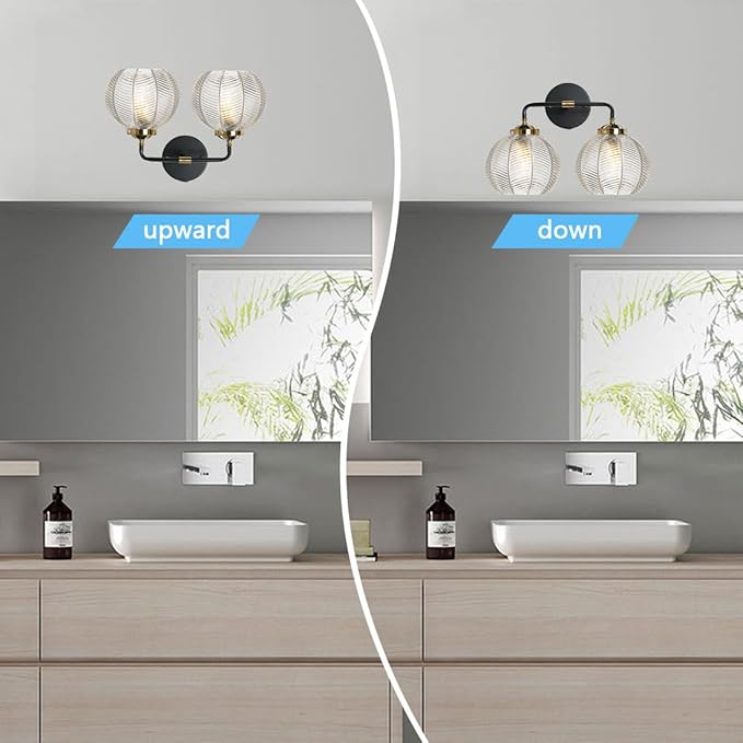 2 Light Bathroom Vanity Light Clear Glass Globe Wall Sconce Lights Black Wall Mount Light with Ribbed Glass Shade, Mid Century Modern Wall Sconce for Over Mirror Bedroom Hallway