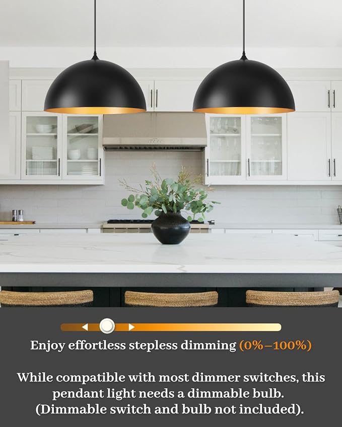 Black Pendant Lights Kitchen Island, 16 Inch Black and Gold Dome Pendant Light, Modern Farmhouse Pendant Light for Kitchen Island, Dining Room, Cafe, Bar, 2 Pack