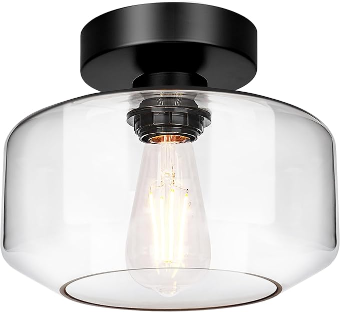 Industrial Semi Flush Mount Ceiling Light, 800 Lumen LED Bulb Included, Clear Glass Shade Ceiling Light Fixture, Farmhouse Light Fixture for Hallway Corridor Kitchen Bathroom Bedroom Passway