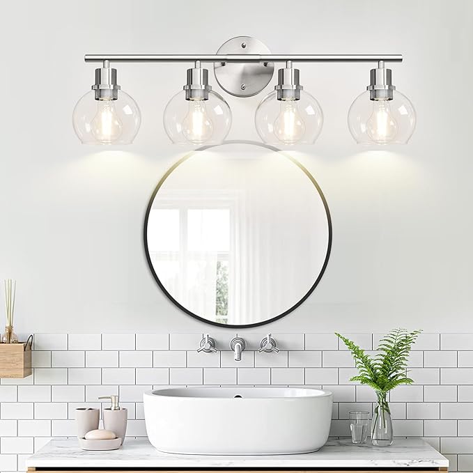 Indoi 4-Light Bathroom Light Fixtures, Brushed Nickel Modern Vanity Lights Over Mirror with Clear Glass Globe Shade, Bathroom Wall Sconces for Mirror Kitchen Living Room Hallway Cabinet Bedroom Porch
