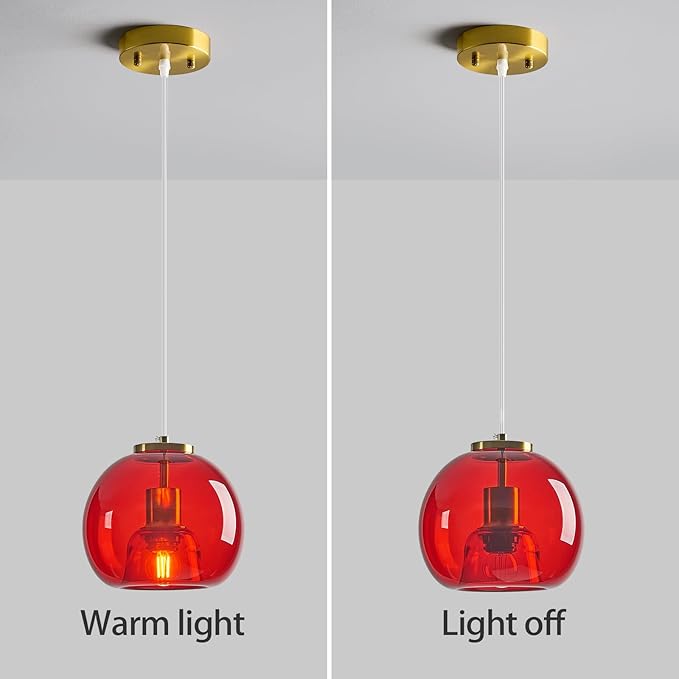 Red Glass Pendant Lights Kitchen Island Gold Hanging Light Fixture Glass Globe Pendant Light Modern Pendant Lighting for Kitchen Island Bedroom Dining Room (7.87", 1 Pack)