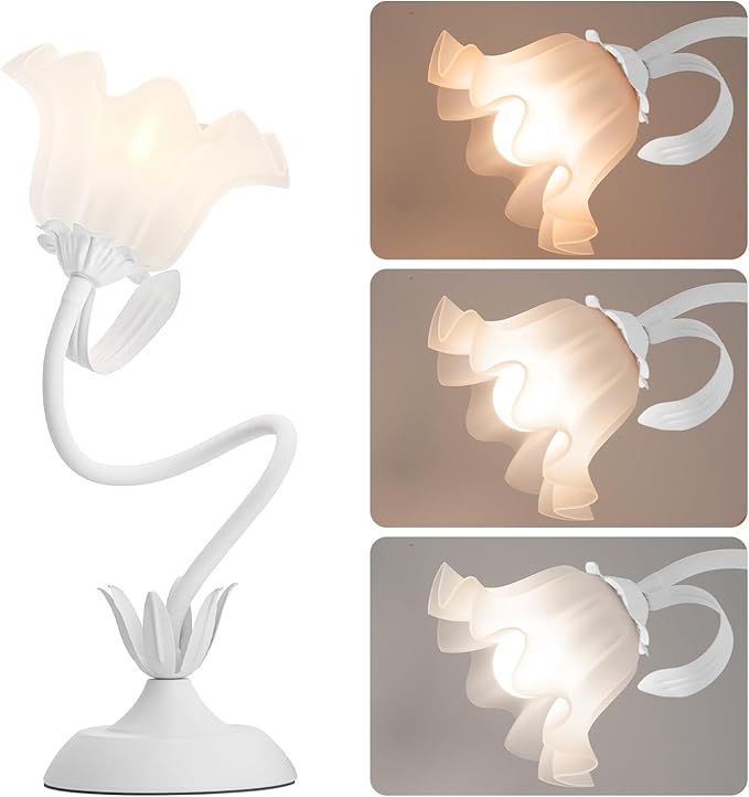 WERFOP Flower Table Lamp, LED Reading Light Vintage Bedside Table Lamp with 3 Color Modes for Nightstand, Kawaii Decoration for Home Bedroom Living Room (White)