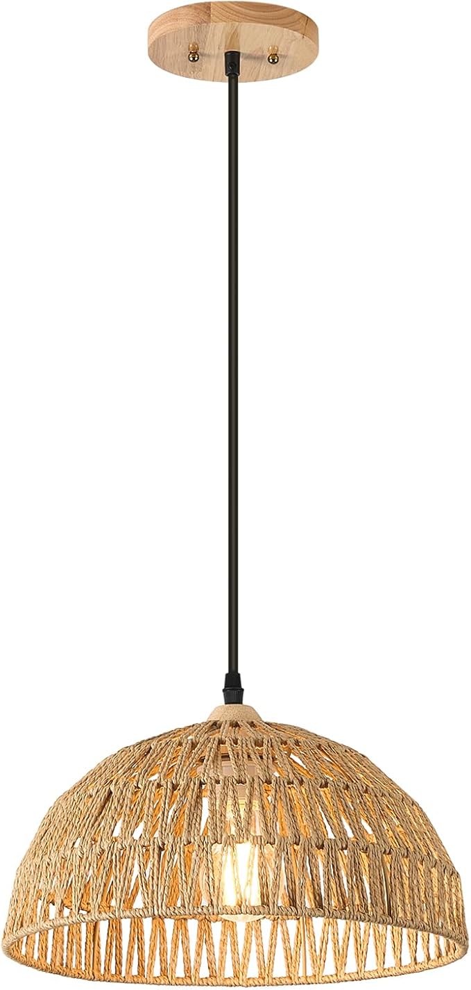 13 Inch Rattan Pendant Lights Farmhouse Boho Chandelier Light Fixture Rustic Wicker Hand Woven Pendant Hanging Light for Dining Room Kitchen Bedroom Foyer Hallway
