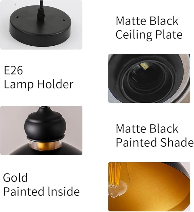 Black Farmhouse Pendant Lights,Matte Pendant Lighting for Kitchen Island Industrial Adjustable Height Vintage Dome Hanging Light Fixtures for Barn, Dining Room (2)