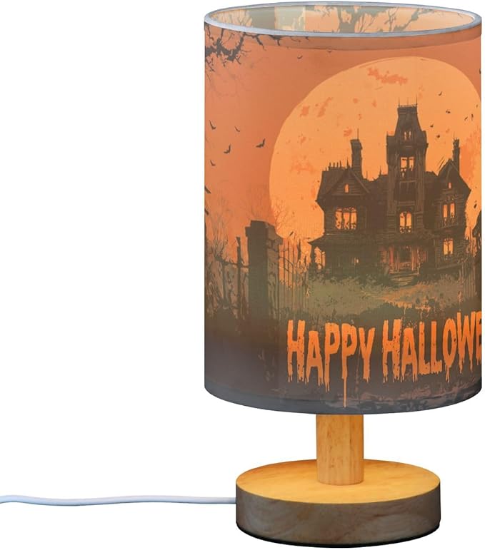 Aslsiy Spooky Castle Halloween Moon Bedside Table Lamp Orange Nightstand Lamp Night Light Fabric Shade for Bedroom Living Room Home Office