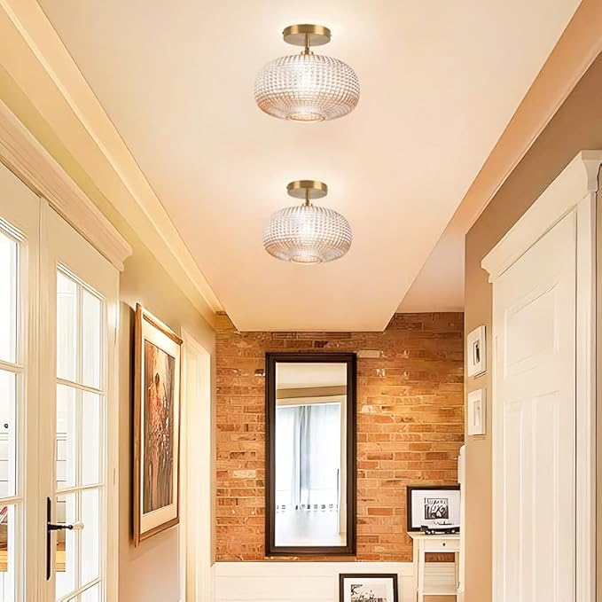 Semi Flush Mount Ceiling Light,Vintage Small Ceiling Light Fixture,Hallway Lighting Fixture with Amber Glass Shade,Art Deco Kitchen Lighting Fixtures Ceiling for Bedroom,Bathroom,Porch