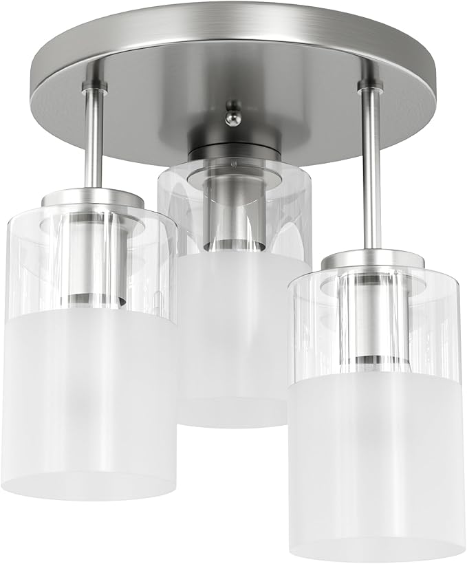 Maxax 3-Lights Nickel Semi Flush Mount Ceiling Light Fixture, 11.5" Modern Farmhouse Light Fixture with Clear Frosted Glass, E26 Base, for Kitchen, Foyer, Hallway, Entryway, Bedroom, Stairs