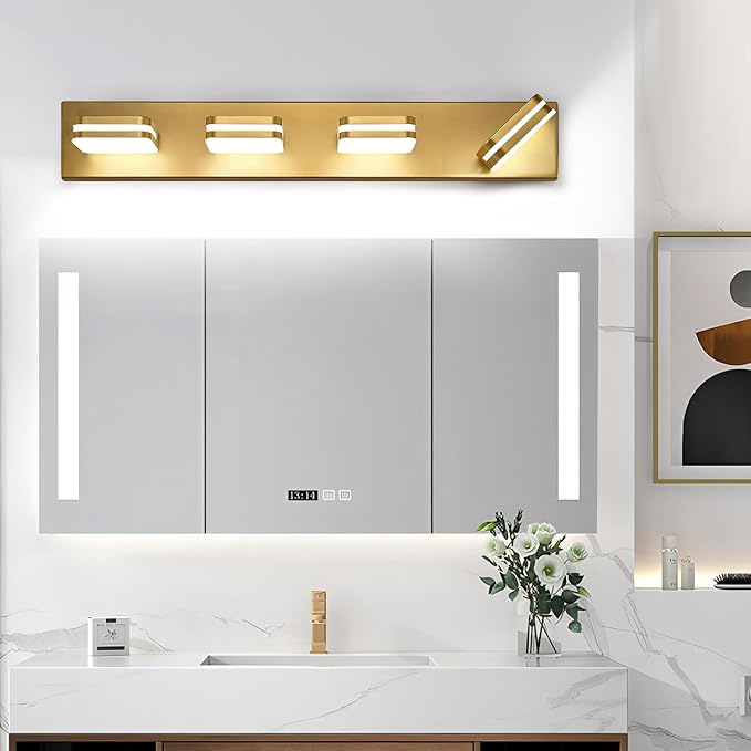 360° Rotate LED Bathroom Vanity Light Fixtures, 1600LM Acrylic Gold Vanity Lights for Bathroom, Modern Wall Lighting Fixtures Over Mirror Kitchen Living Room Hallway (Natural White Light 5000K)