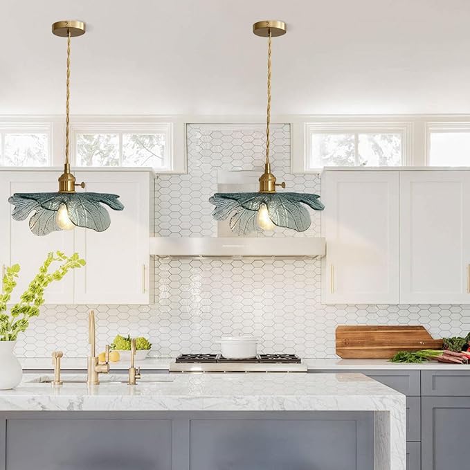 Modern Pendant Light Hand Blown 1-Light Large Glass Pendant Light Brass Pendant Lights Vintage Ceiling Hanging Lighting with Dark Green Glass Shade for Kitchen Island Dining Room Bedroom