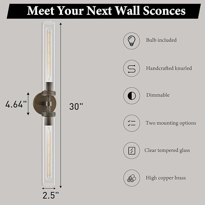 Knurled Brass Bathroom Wall Sconce - Set of 2 Luxury Brushed Antique Gold Sconces - Modern Linear Tube Vanity Lights Fixture with Clear Glass - Dimmable Indoor Lighting for Bedroom Living Room Decor