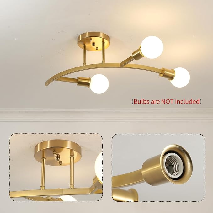 Gold 3-Lights Modern Sputnik Semi Flush Mount Ceiling Light Fixture,Mid Centur Minimalist Sputnik Chandelier for Hallway,Dining Room,Bedroom,Kitchen,Living Room(Bulbs Not Included)