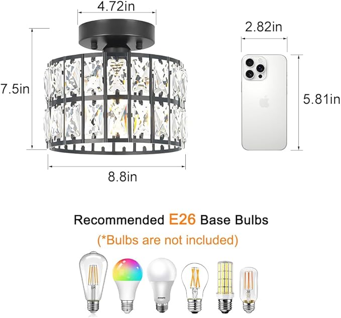 Crystal Ceiling Light Fixture, Modern Matte Black Crystal Chandelier, Small Semi Flush Mount Ceiling Lighting, Round Hallway Lighting for Kitchen Entryway Bedroom Bathroom, 1-Light, 9 Inch