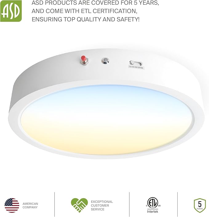 ASD LED 12" Round Flush Mount Ceiling Light Fixture, Low Profile Surface Lighting | 5CCT, Dimmable, Battery Backup, ETL Listed | 24W 2100LM 2700-6000K 120V | Kitchen, Hallway Lamp | White, 6 Pack