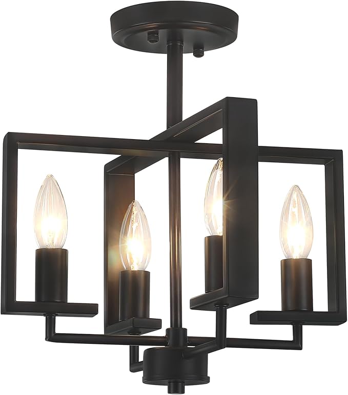 TOULMJ Black Semi Flush Mount Ceiling Light Fixture, 4-Light Farmhouse Hallway Light Fixtures Modern Light Fixture Metal Geometric for Kichen Island Entryway Dining Laundry Room, 12.6 in