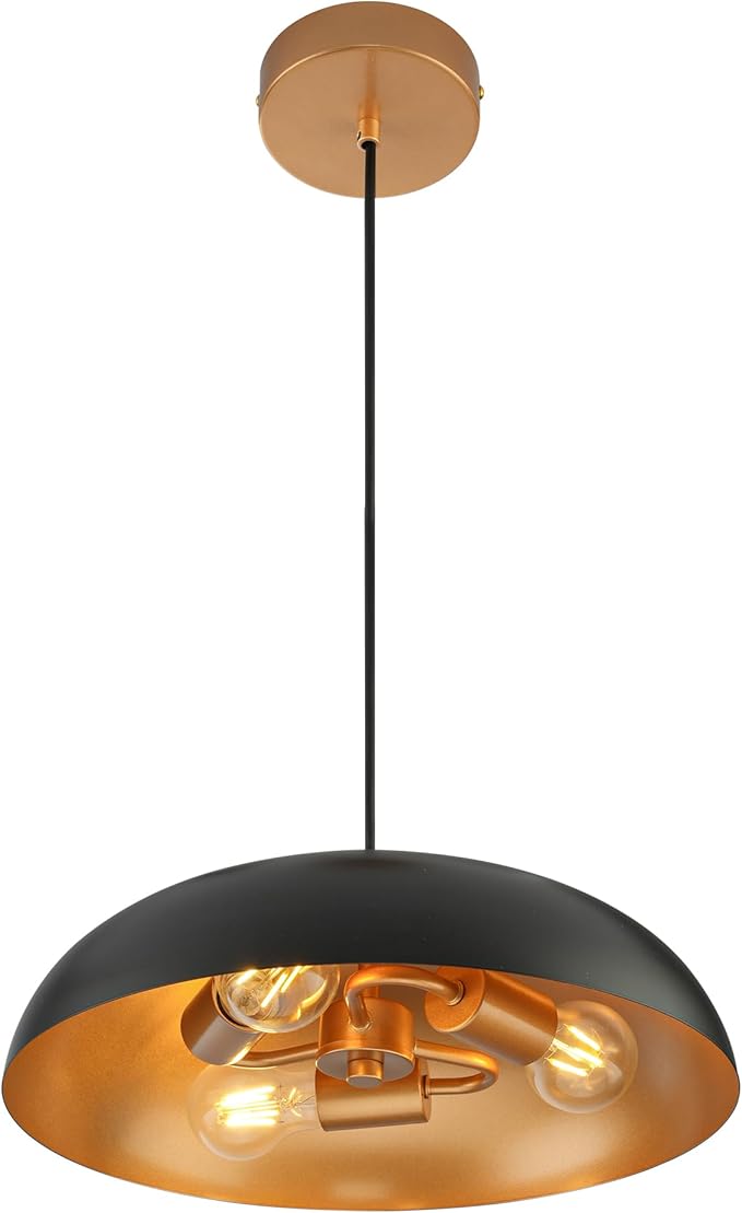 kudos 3-Light Pendant Lights, Modern Pendant Lights Kitchen Island with Matte Black Metal Finish and Gold Interior, Hanging Lamp with Adjustable Cord for Hallway Kitchen Bar Bedroom, KDPL02-BKE