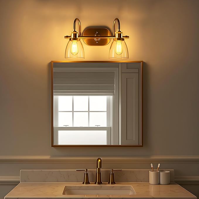 Lightdot Brushed Nickel Bathroom Light Fixture, 17.5IN 2-Light Bathroom Vanity Light with Clear Glass Shades, 60W Max/120V Modern Gold Vanity Lights for Mirror Kitchen Living Room, E26 Base-Gold