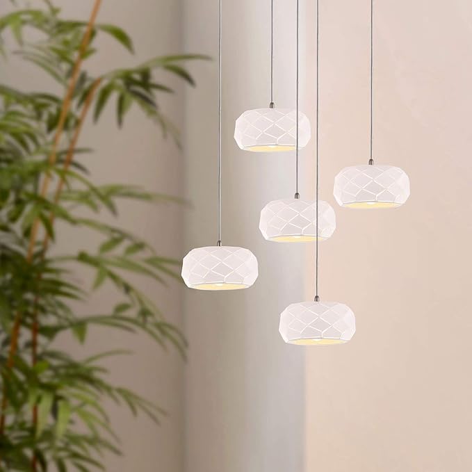 Crust 5 Mini Pendant Lighting White - LED Hanging Light Fixture for Kitchen Island, Bar, Foyer - Cluster Pendants - Dimmable, Adjustable Wire, Lamp Bulb Included