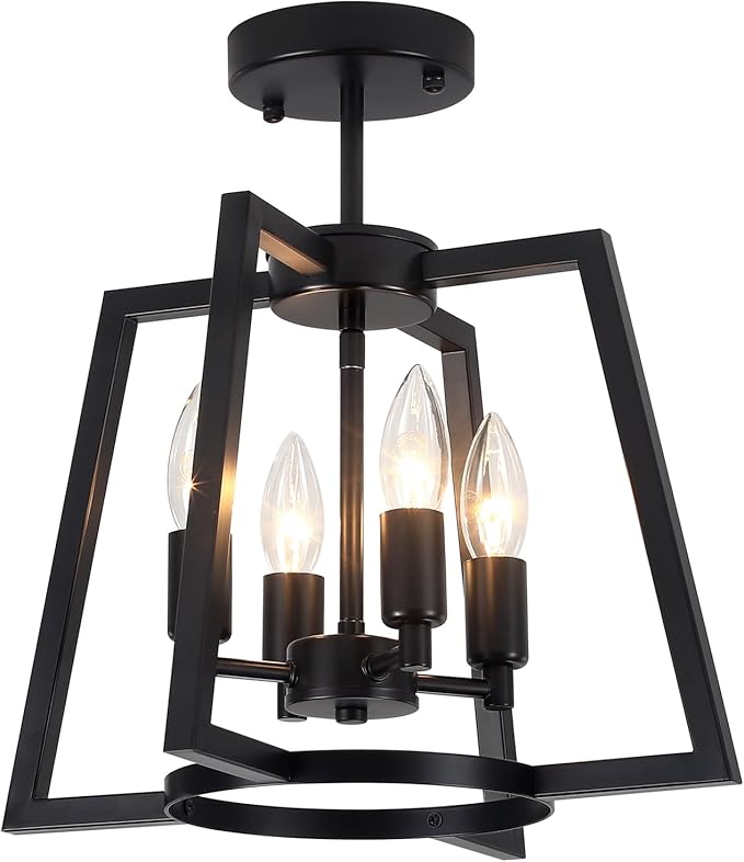 TOULMJ 14.56" Ceiling Light Fixture, 4-Light Farmhouse Black Semi-Flush Mount Ceiling Light for Kitchen Island Laundry Room Bedroom Dining Room Hallway Entryway