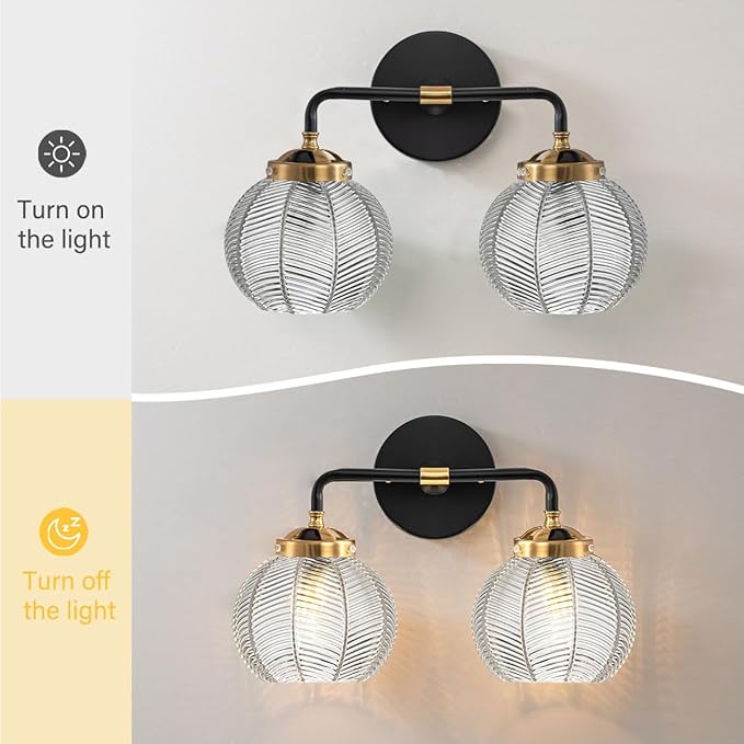 Black Bathroom Vanity Light Fixture Kitchen Sink Sconce Lighting fixtures Over Mirror with 2 Globe Shade Clear Wall Light Modern Ribbed Glass Wall Sconces for Bedroom Living Room