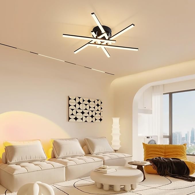 Modern LED Ceiling Lights - Dimmable with Remote, 24in Black Flush Mount Fixture for Living Room, Bedroom, Kitchen, Dining Room