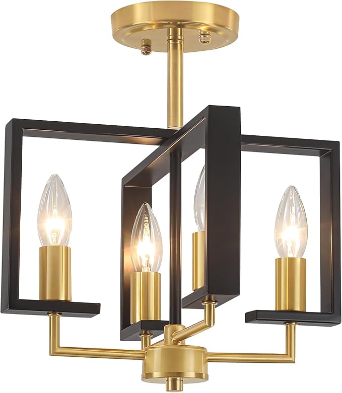TOULMJ 4-Light Semi Flush Ceiling Light, Black Gold Ceiling Light Fixture, Farmhouse Light Fixture for Kitchen Island Hallway Entryway Laundry Room Bedroom