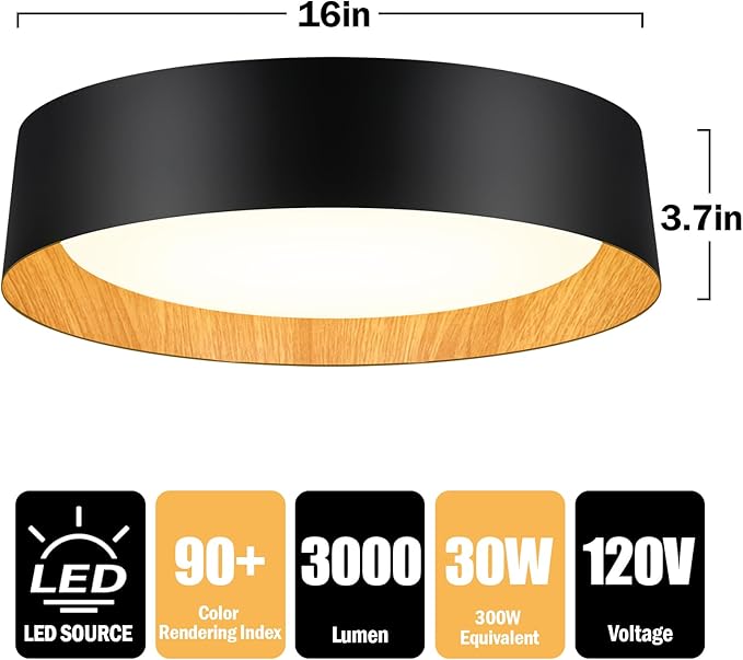 BrightHome 2-Pack 16in Flush Mount Ceiling Light, 3000LM 30W(300W Equiv), LED Ceiling Light Fixture 5CCT 2700K 3000K 4000K 5000K 6000K, Dimmable Ceiling Lamp for Bathroom Hallway, Black and Wood