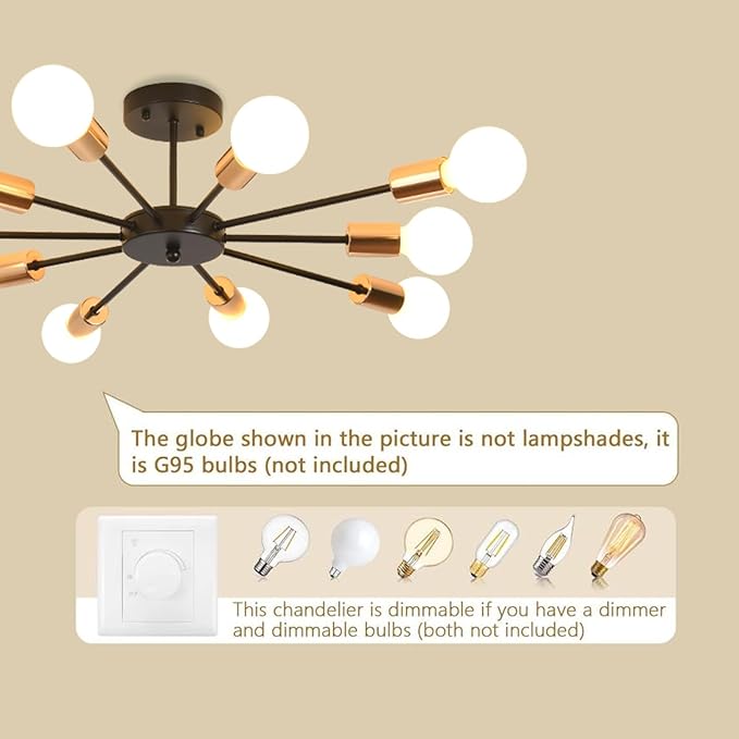 Jaycomey Semi Flush Mount Sputnik Ceiling Light,10-Light E26 Base Modern Black Sputnik Chandelier,Industrial Ceiling Lamp Fixture for Kitchen Farmhouse Living Room Dining Room