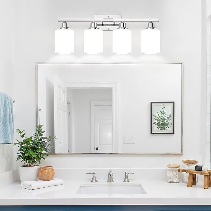 MOKATNG 4-Light Vanity Light with Milky White Shades, Chrome Bathroom Lighting Fixtures Over Mirror, Modern Bathroom Wall Lamp for Mirror Living Room Cabinet Bedroom