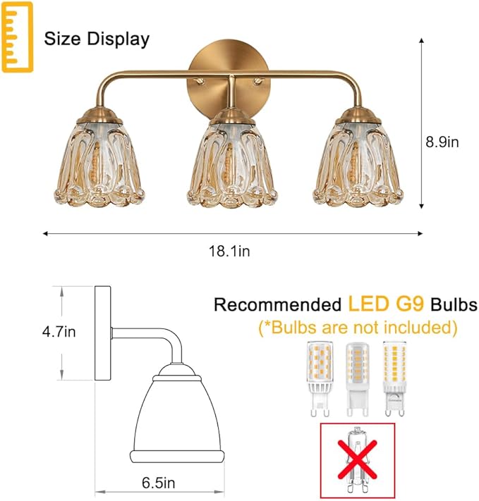 Daunton Vintage 3 Light Vanity Light, Gold Bathroom Vanity Light, Bathroom Light Fixtures with AmberGlass Shade, Antique Vanity Light Fixtures Over Mirror, Wall Sconce for Bedroom, Living Room