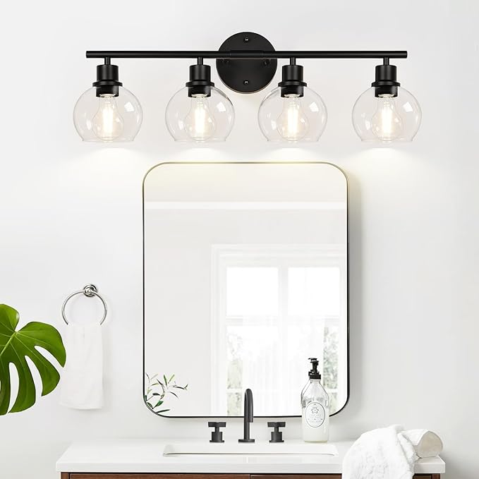 Indoi 4-Light Bathroom Light Fixtures, Black Bathroom Lights Over Mirror with Clear Glass Globe Shade, Vanity Lights for Bathroom Kitchen Living Room Hallway Cabinet Bedroom Porch
