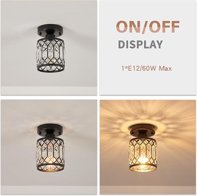Crystal Black Ceiling Lights Modern Semi Flush Mount Ceiling Light Fixture,Farmhouse Rustic Chandelier for Entryway Porch Aisle Corridor Balcony