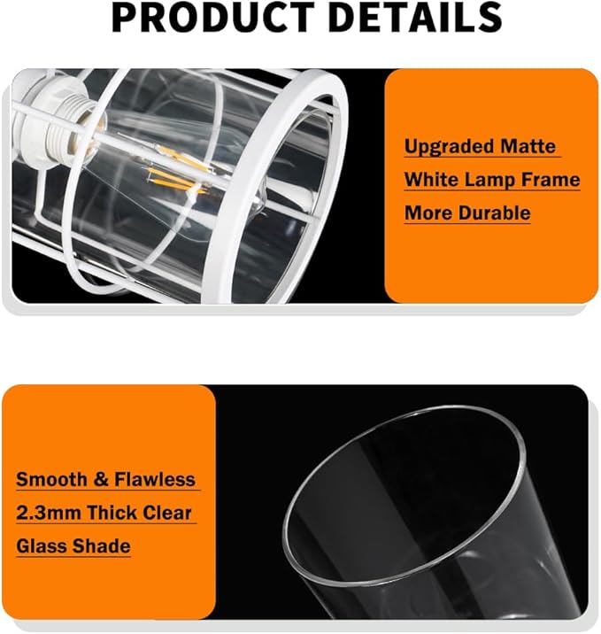 Modern White Industrial Pendant Light Fixtures Set of 2, Clear Glass Cage Pendant Light Kitchen Island, Adjustable Cord Hanging Light for Kitchen Island Decor, Over Sink Lighting Fixtures for Bathroom