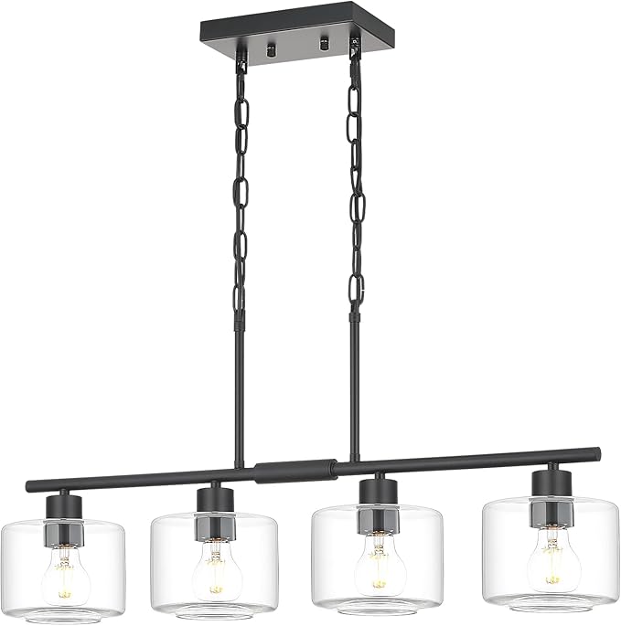 4-Light Kitchen Island Lighting, Modern Black Linear Dining Room Chandelier Light Fixtures with Clear Glass and Chain, Farmhouse Hanging Lights for Kitchen Island Dining Room, OS-YQ8153-4ISBKC