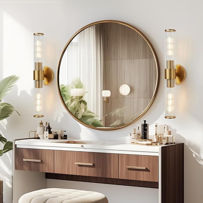 Gold Bathroom Light Fixtures 2 Pack, Vanity Lights for Mirror with Threaded Glass Shade, 20 Inch Up and Down Wall Sconces for Bathroom Bedroom Living Room Hallway - Bulb Not Included