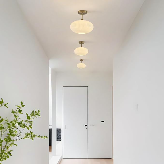 Large Ribbed Milk Glass Flush Mount Ceiling Light Mid Century Modern Entry Light Fixture White Semi Flush Mount Lights Gold Globe Hallway Ceiling Light (2 Pack)